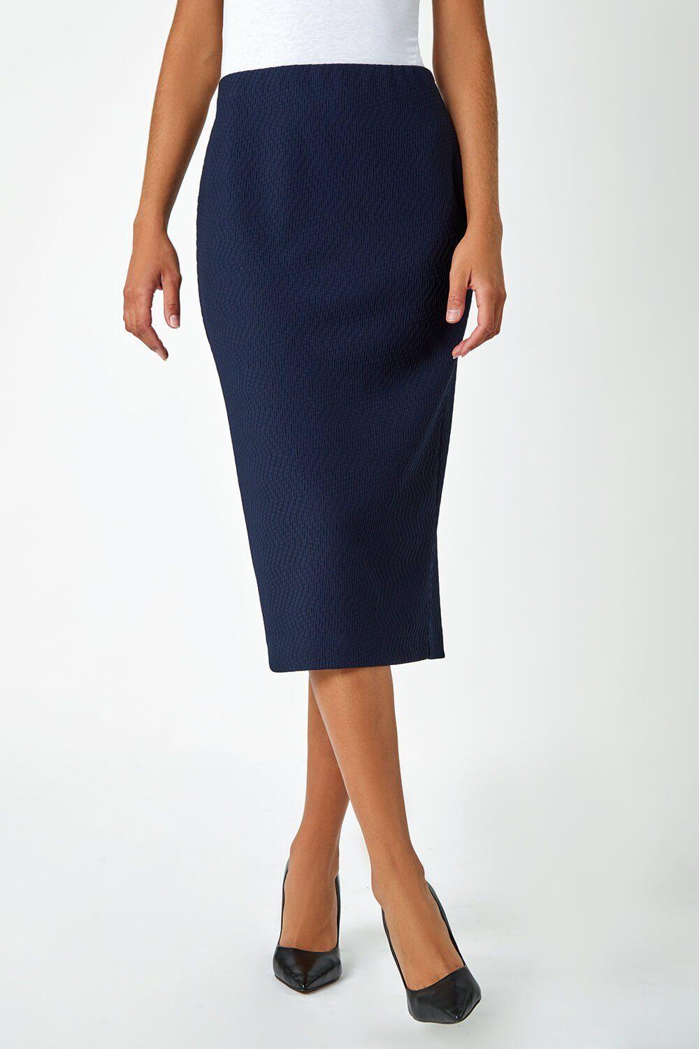 Textured  Elastic Waist Pencil Midi Skirt by ROMAN