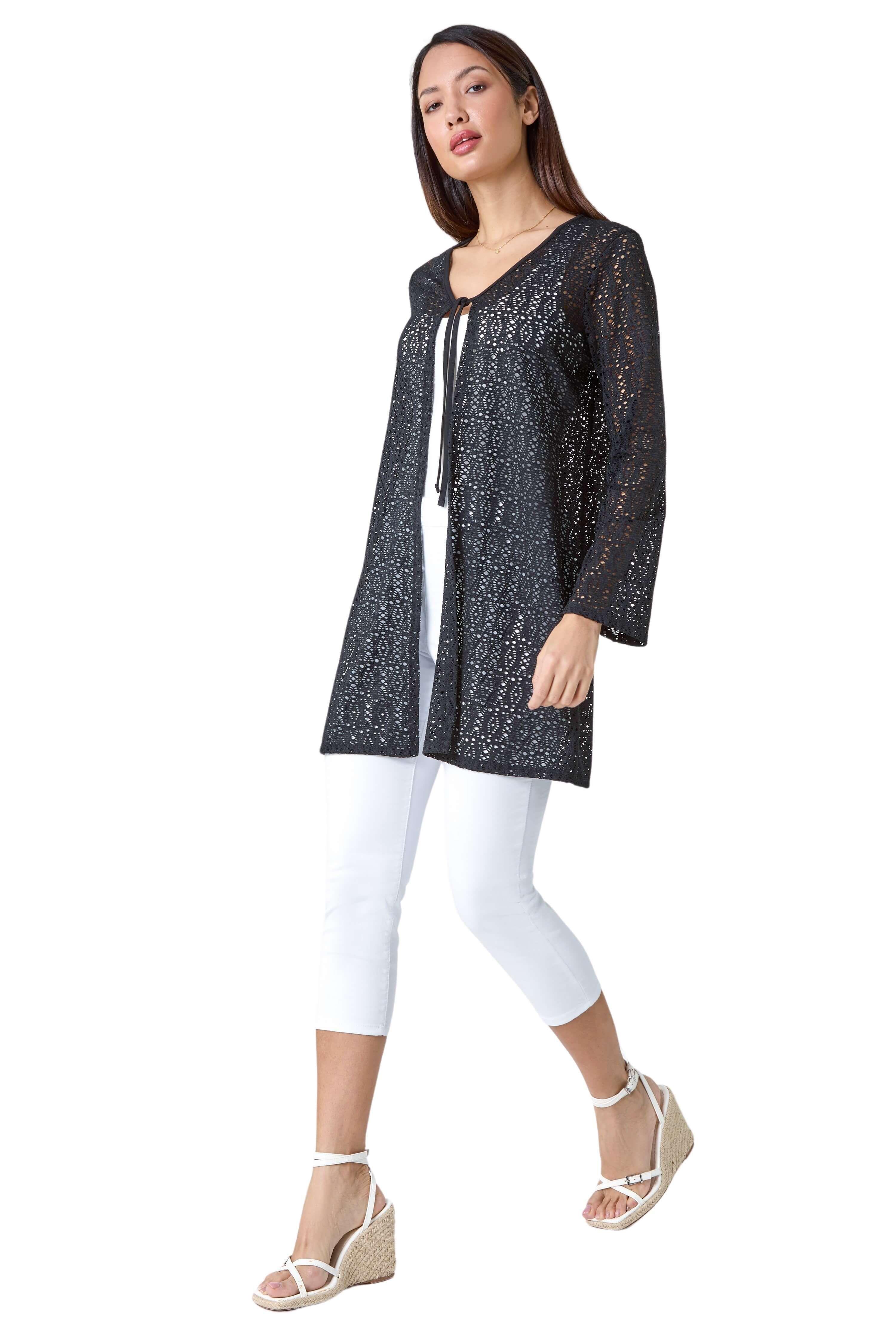 Tie Front Knit V-Neck Longline Cardigan by ROMAN