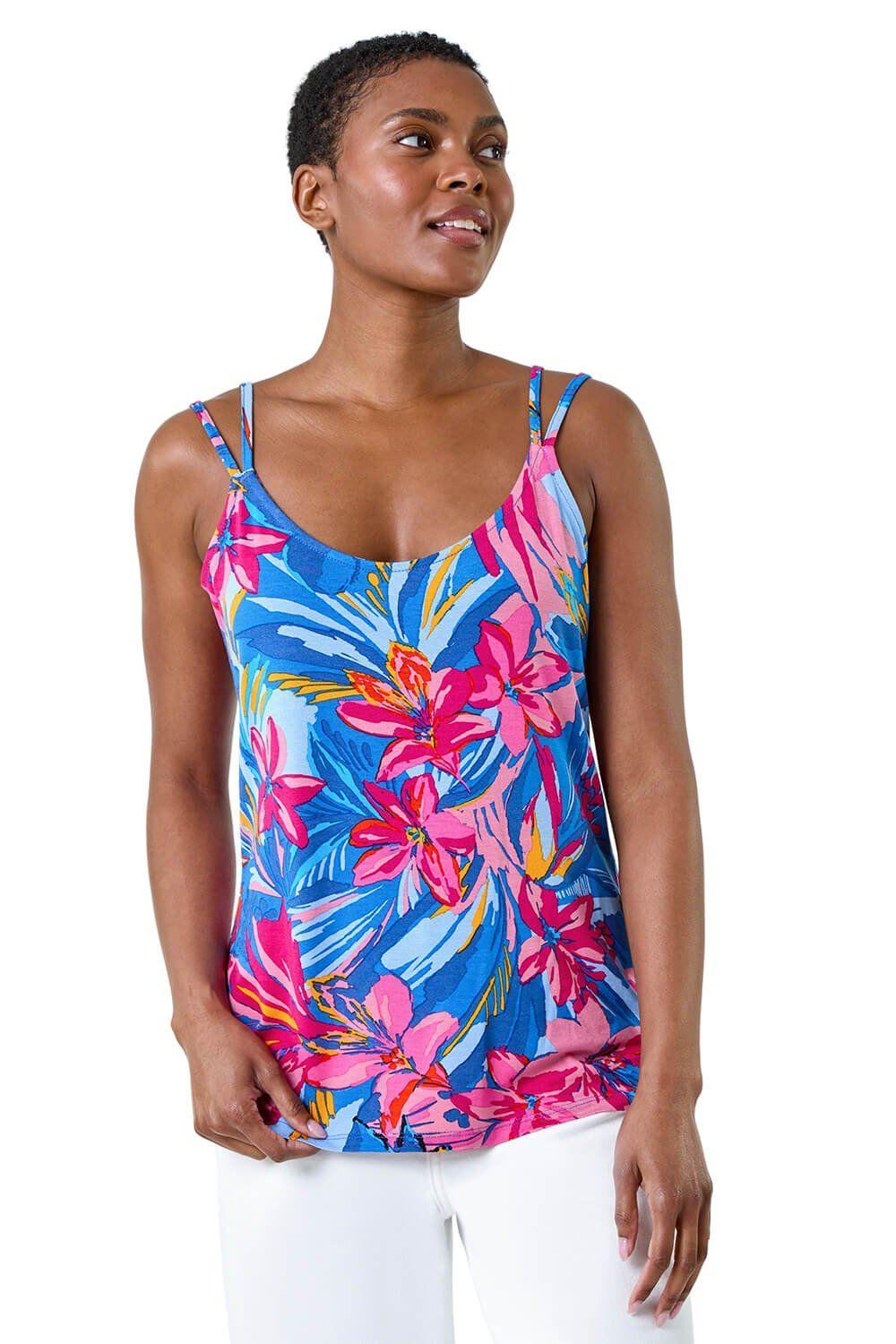 Tropical Floral V-Neck Strap Detail Cami Top by ROMAN
