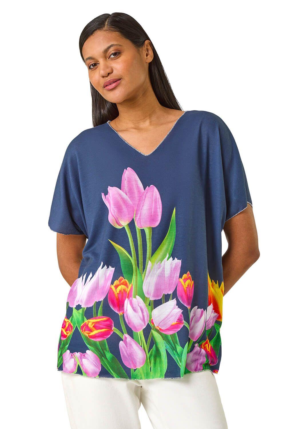 Tulip Motif V-Neck Stretch Top by ROMAN