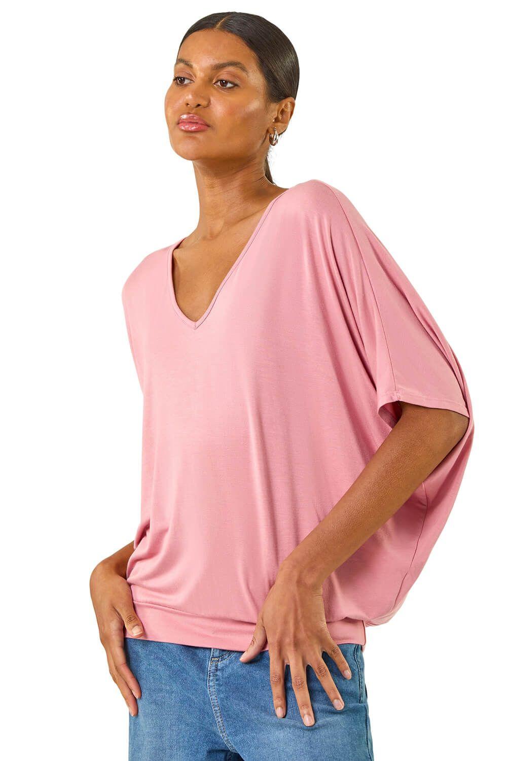 V-Neck Grown On Sleeve Stretch Top by ROMAN