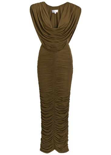 Parish cowl-neck ruched stretch-mesh midi dress by RONNY KOBO