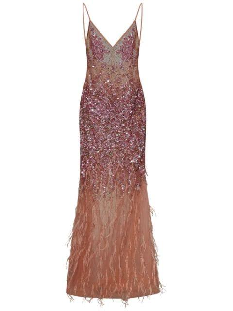 sequin-feather embellished v-neck dress by ROOM76