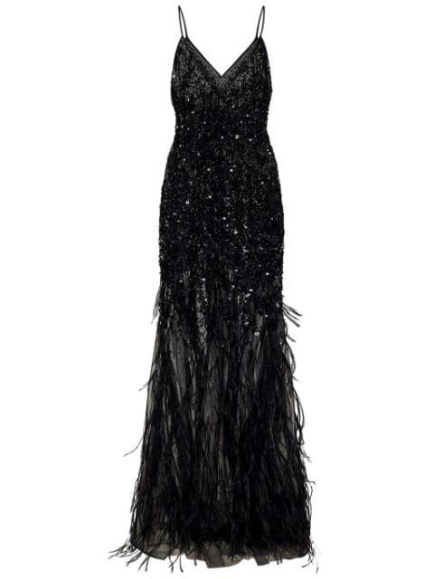 sequin-feather embellished v-neck dress by ROOM76