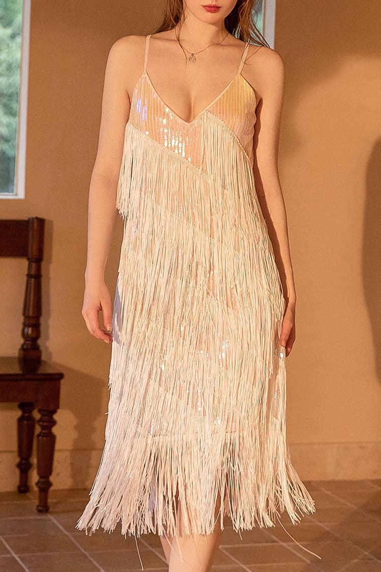 1920s Gatsby V Neck Sequined Layered Fringe Flapper Midi Dress - Champagne by ROSEDRESS 1920s Gatsby V Neck Sequined Layered Fringe Flapper Midi Dress - Champagne by ROSEDRESS