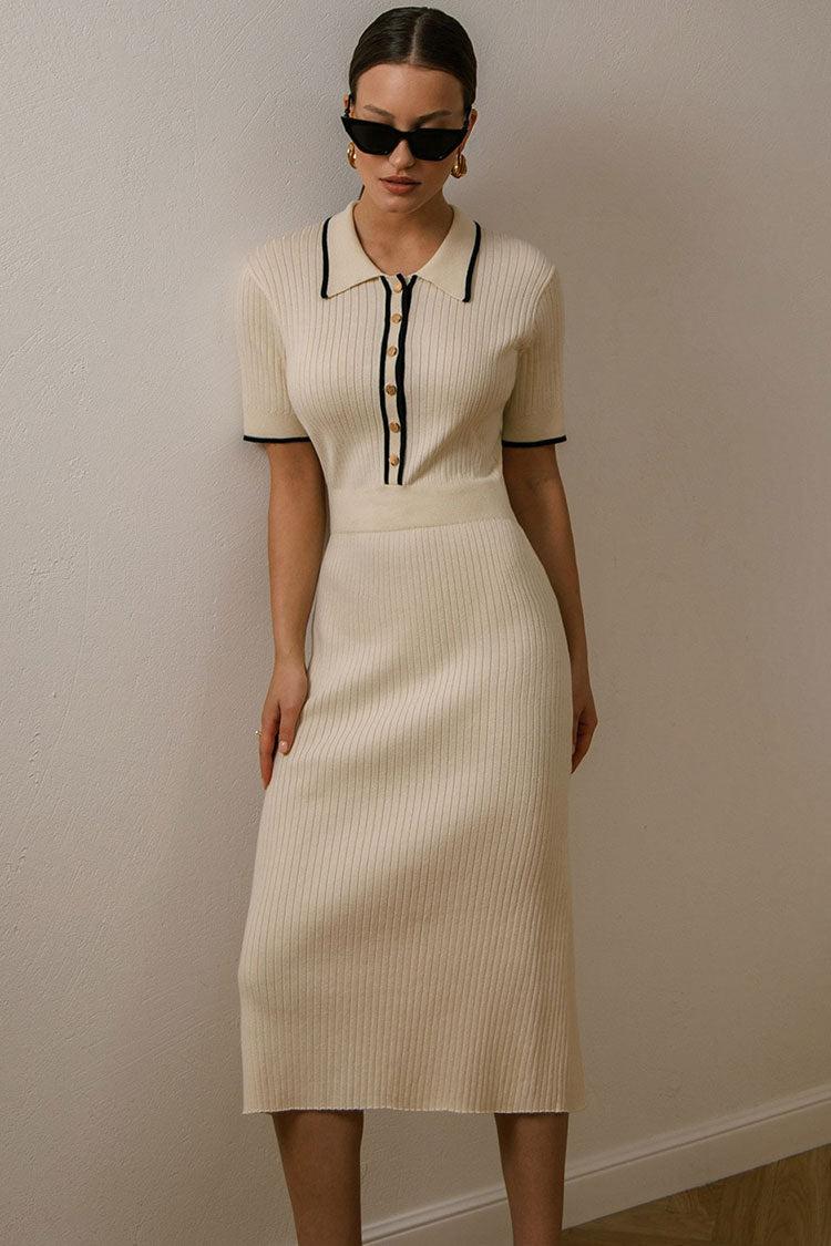 Chic Contrast Collared Short Sleeve Half Button Rib Knit Sweater Midi Dress - Apricot by ROSEDRESS Chic Contrast Collared Short Sleeve Half Button Rib Knit Sweater Midi Dress - Apricot by ROSEDRESS
