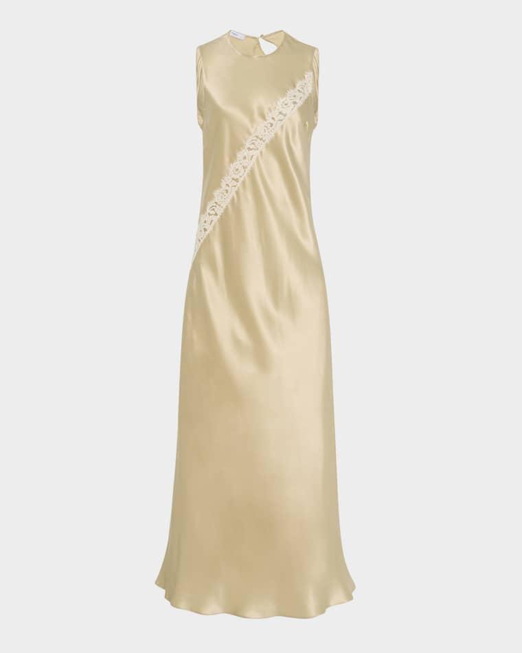 Bias-Cut Diagonal Lace Satin Slip Dress by ROSETTA GETTY