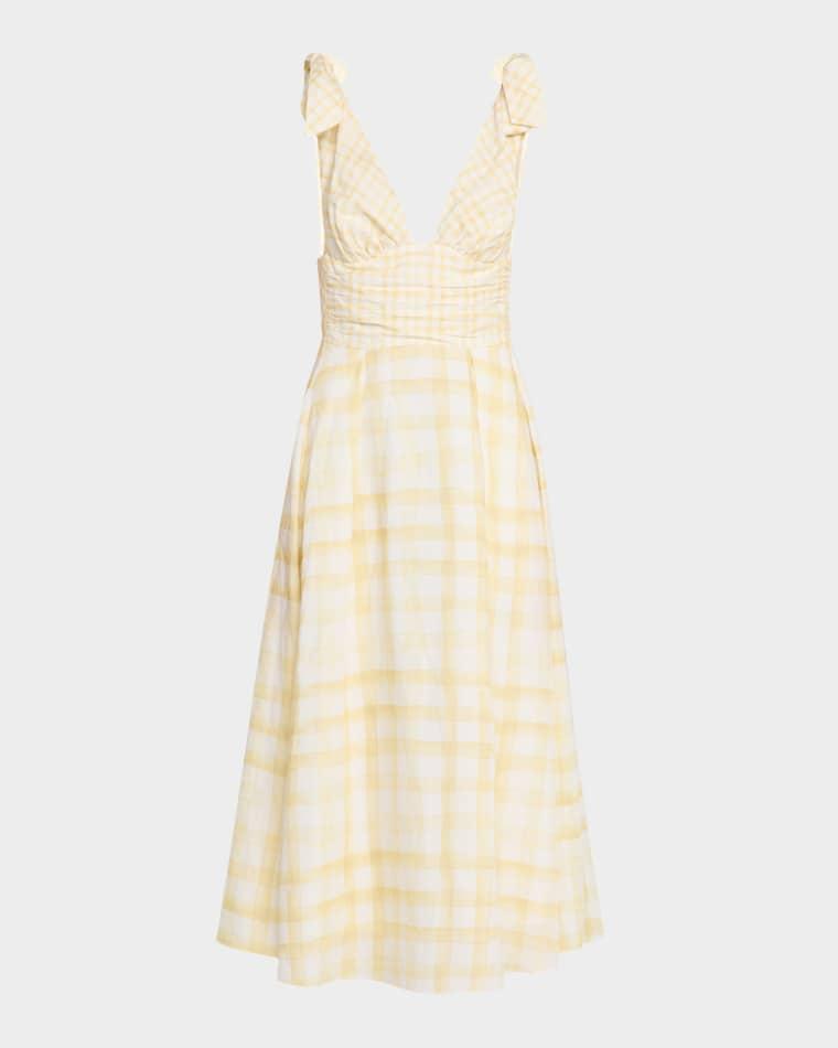 Bow Shoulder Gingham Linen Midi Dress by ROSIE ASSOULIN