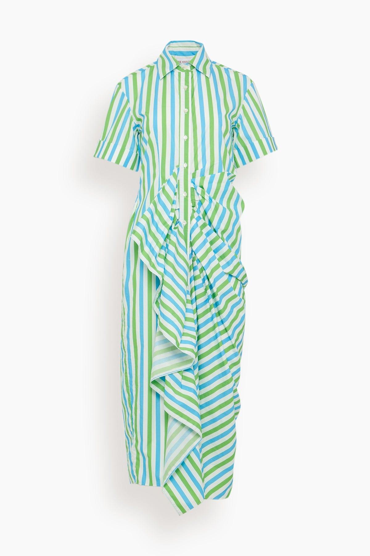 Gathered Ruffle Shirt Dress in Blue/Green Stripe by ROSIE ASSOULIN