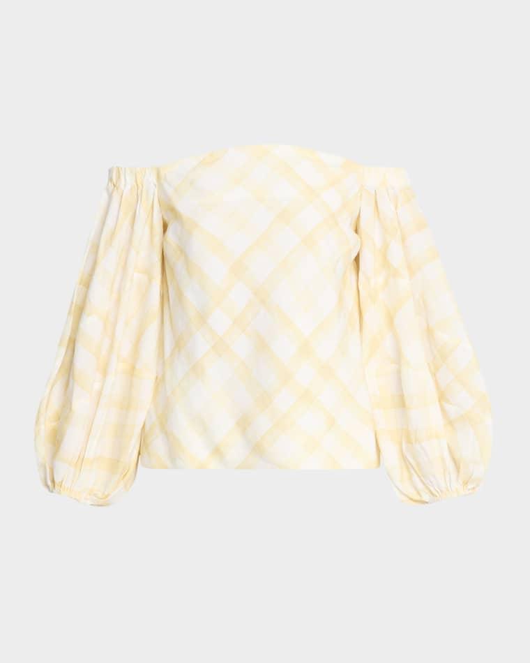 Gingham-Print Balloon Sleeve Off-The-Shoulder Top by ROSIE ASSOULIN