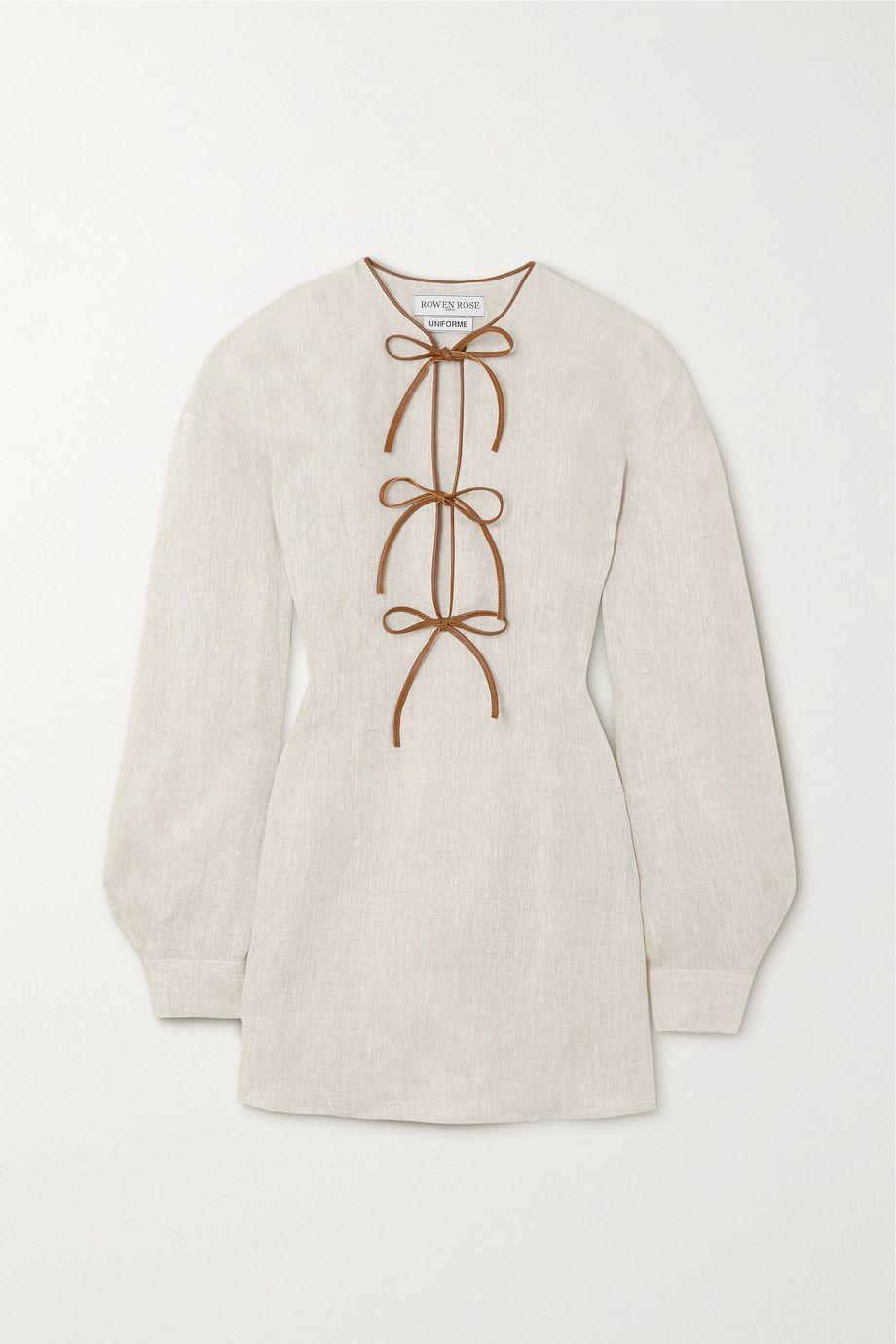Lady leather-trimmed tie-detailed linen mini dress by ROWEN ROSE |  jellibeans