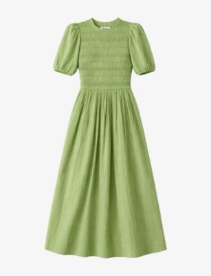 Shirred-Bodice Puff-Sleeve Cotton-Blend Midi Dress by RO&ZO
