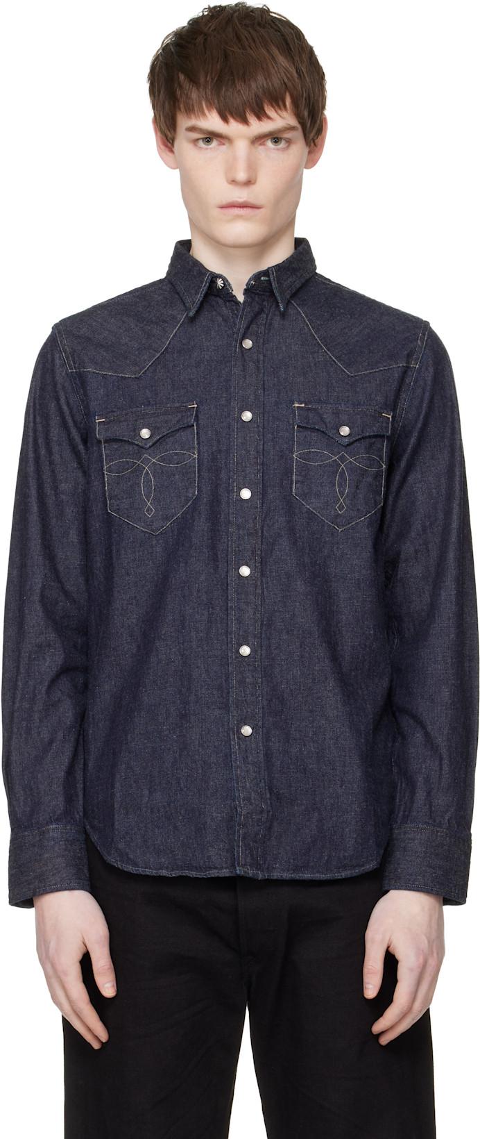 Navy Slim Fit Denim Western Shirt by RRL