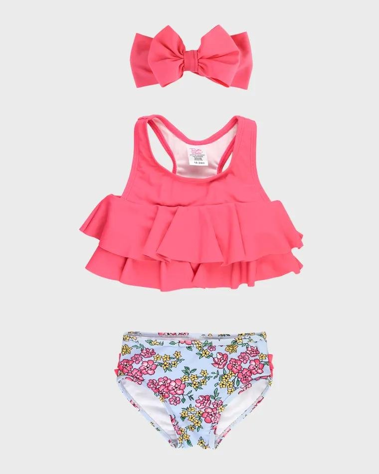 Girl's Cheerful Blossoms Two-Piece Swimsuit and Headband Set, Size 3M-8 by RUFFLEBUTTS