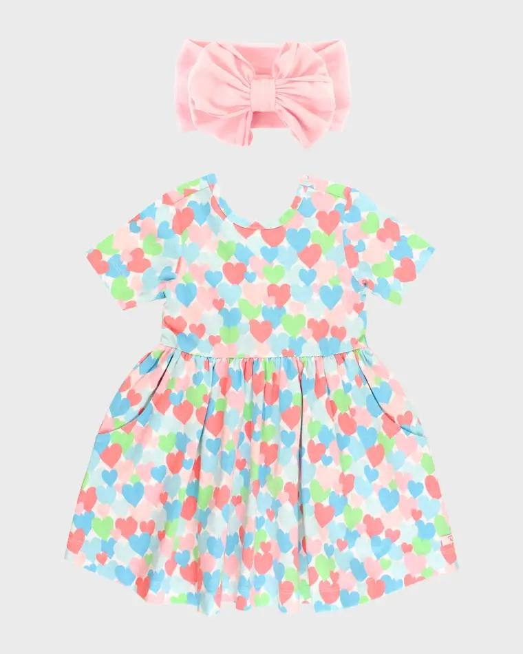 Girl's Happy Hearts Printed Twirl Dress and Headband Set, Size 3M-8 by RUFFLEBUTTS