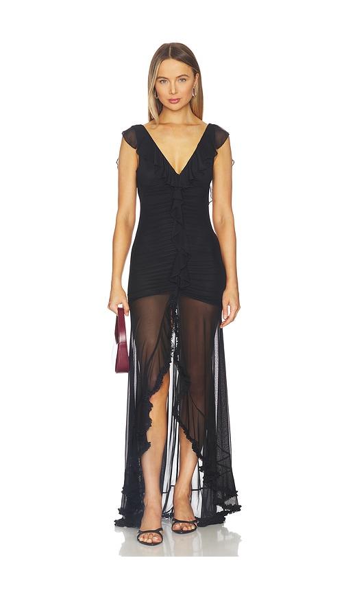 Runaway The Label Blythe V-neck Frill Maxi Dress in Black by RUNAWAY THE LABEL
