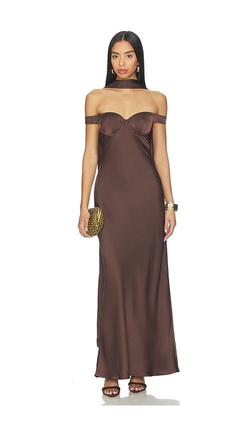 Runaway The Label Raphaella Off Shoulder Maxi Dress in Chocolate by RUNAWAY THE LABEL