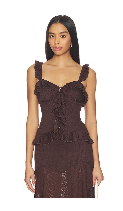 Runaway The Label Roxelle Ruffle Split Front Top in Chocolate by RUNAWAY THE LABEL