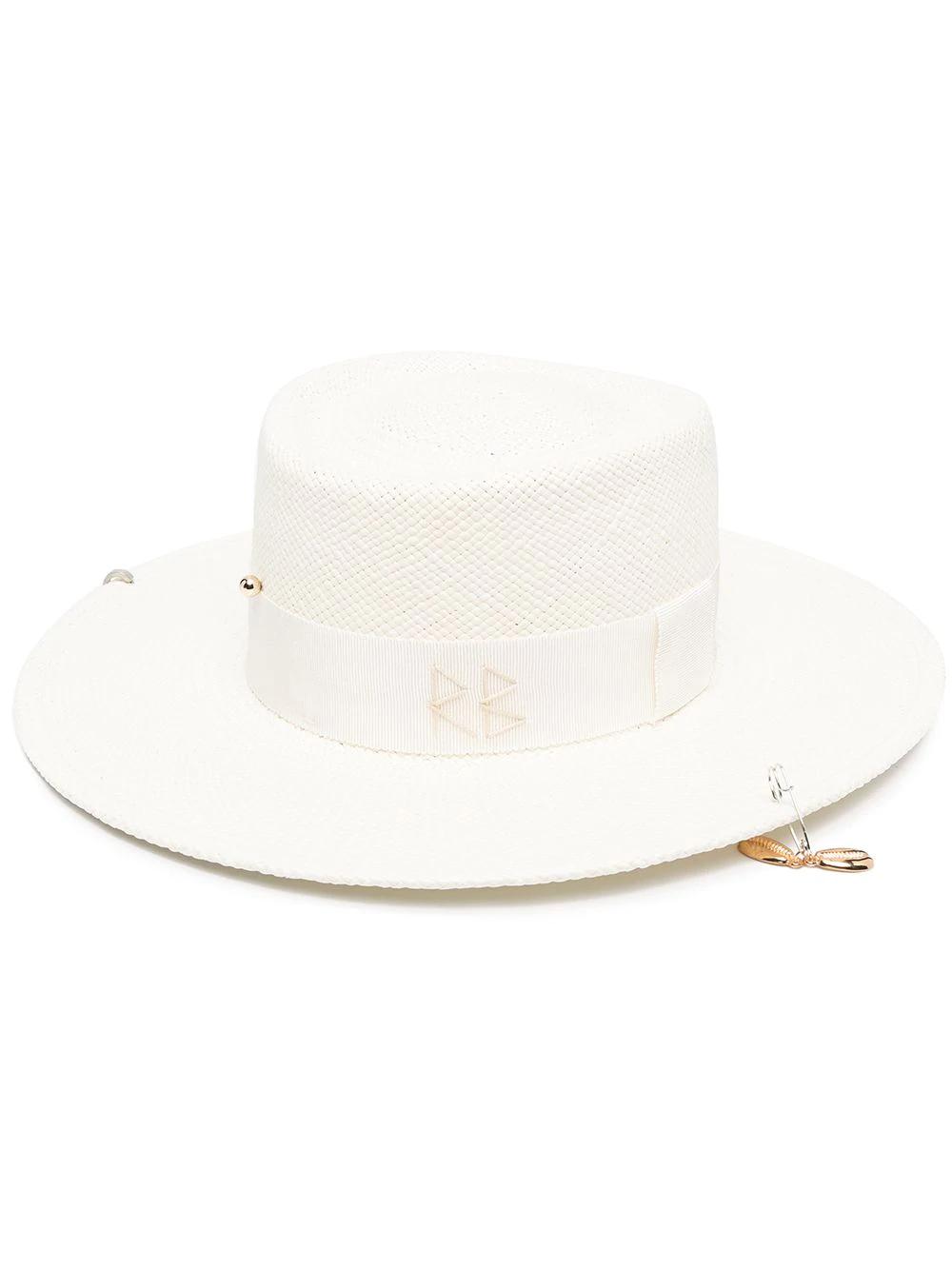 chain-embellished boater hat by RUSLAN BAGINSKIY