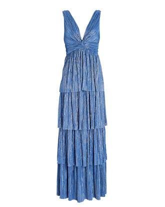 Delphina Metallic Plisse Satin Maxi Dress by SABINA MUSAYEV