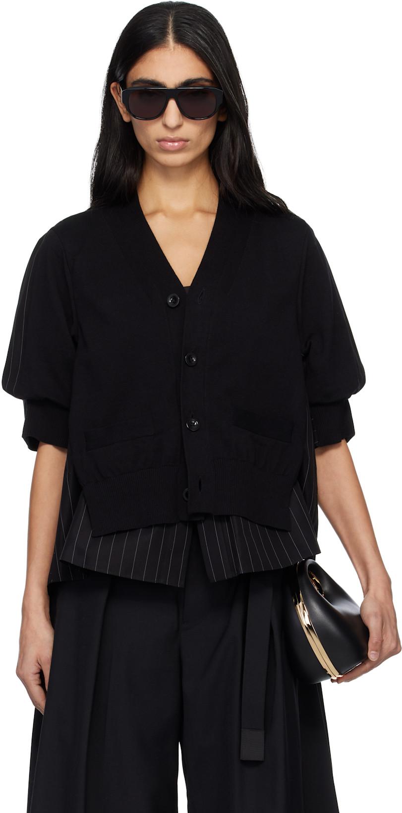 Black Chalk Stripe & Cotton Knit Cardigan by SACAI