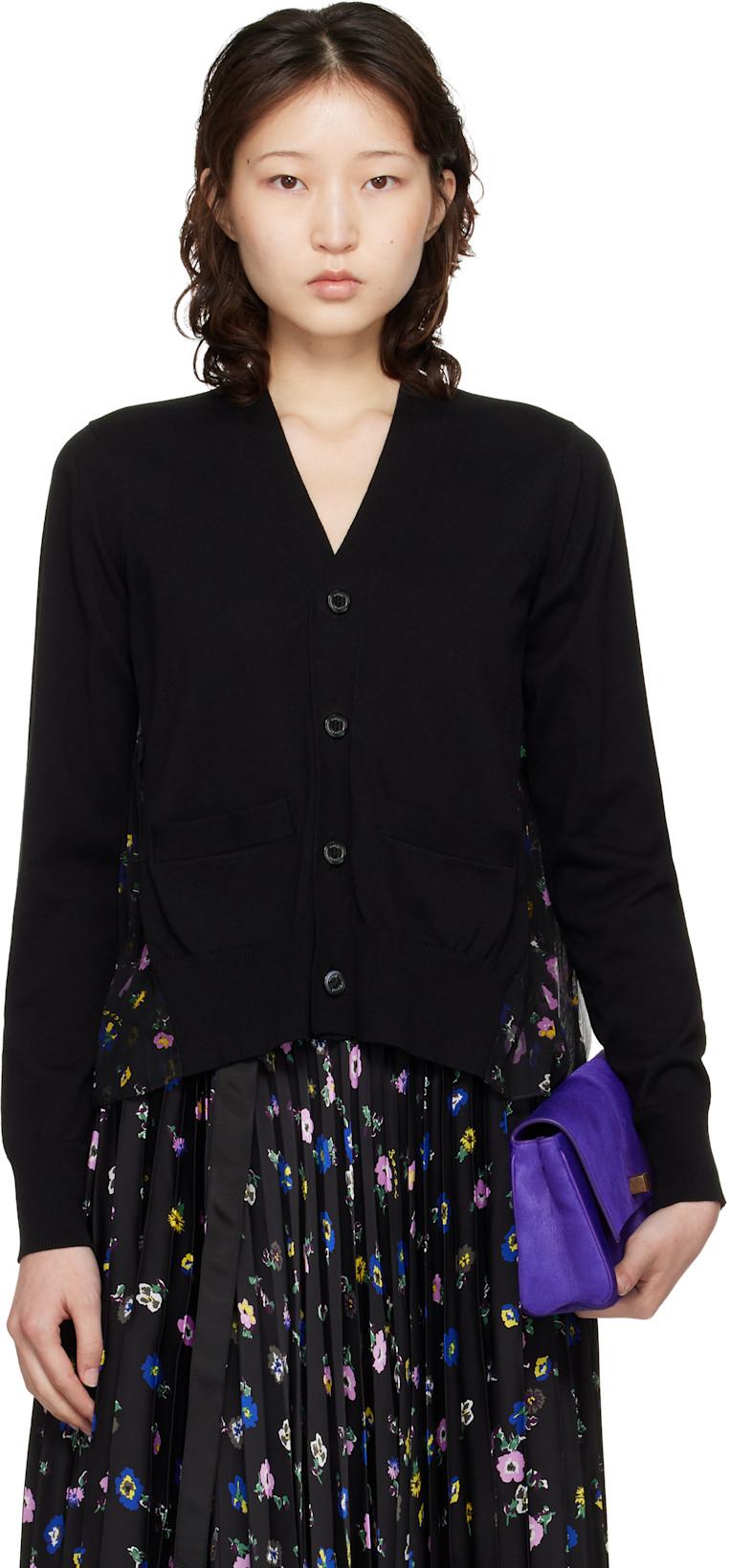 Black Floral Print Cotton Knit Cardigan by SACAI