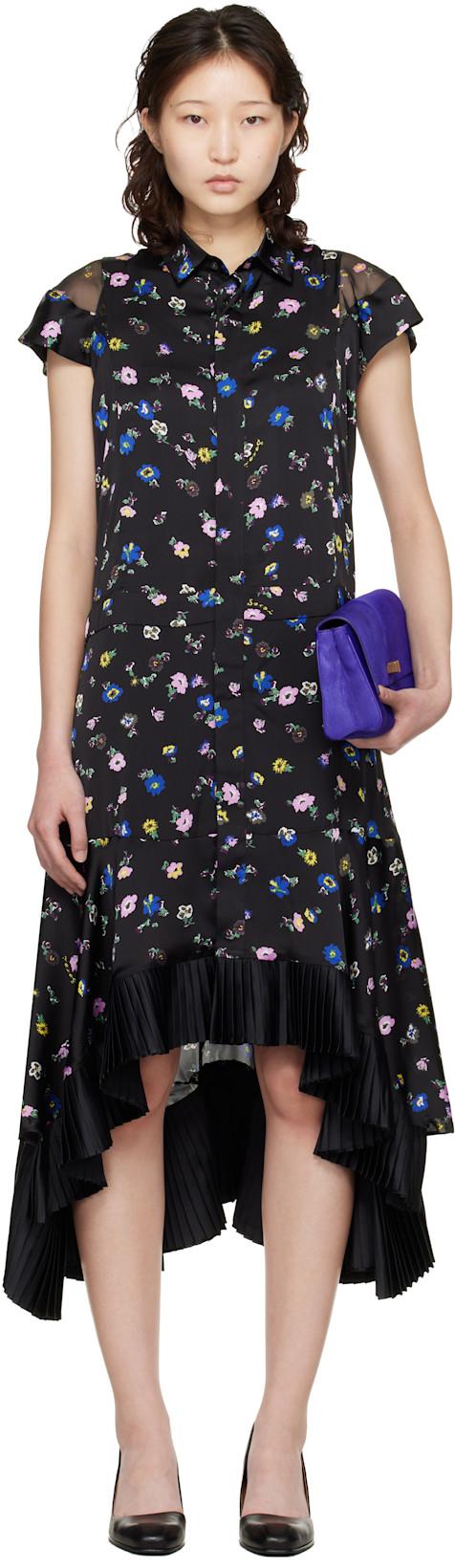 Black Floral Printed Midi Dress by SACAI
