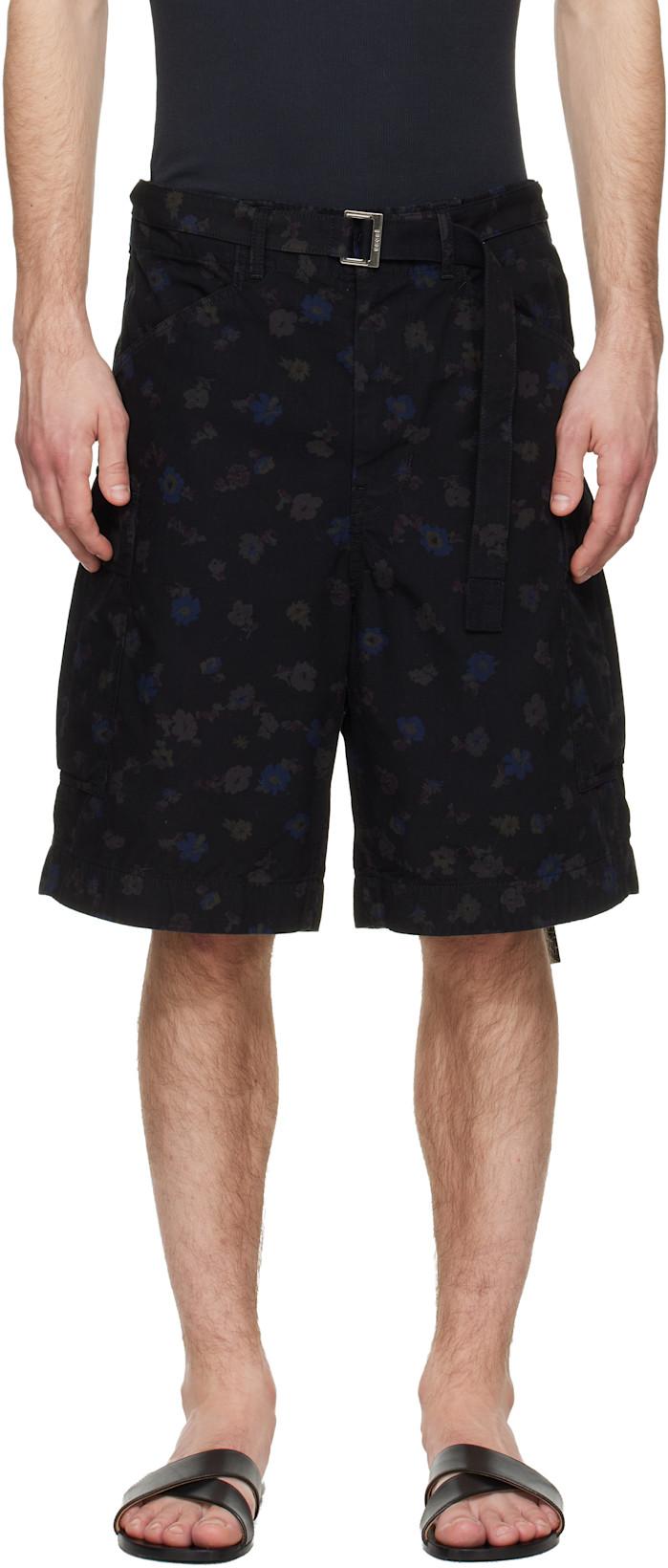 Black Overdyed Floral Print Cargo Shorts by SACAI