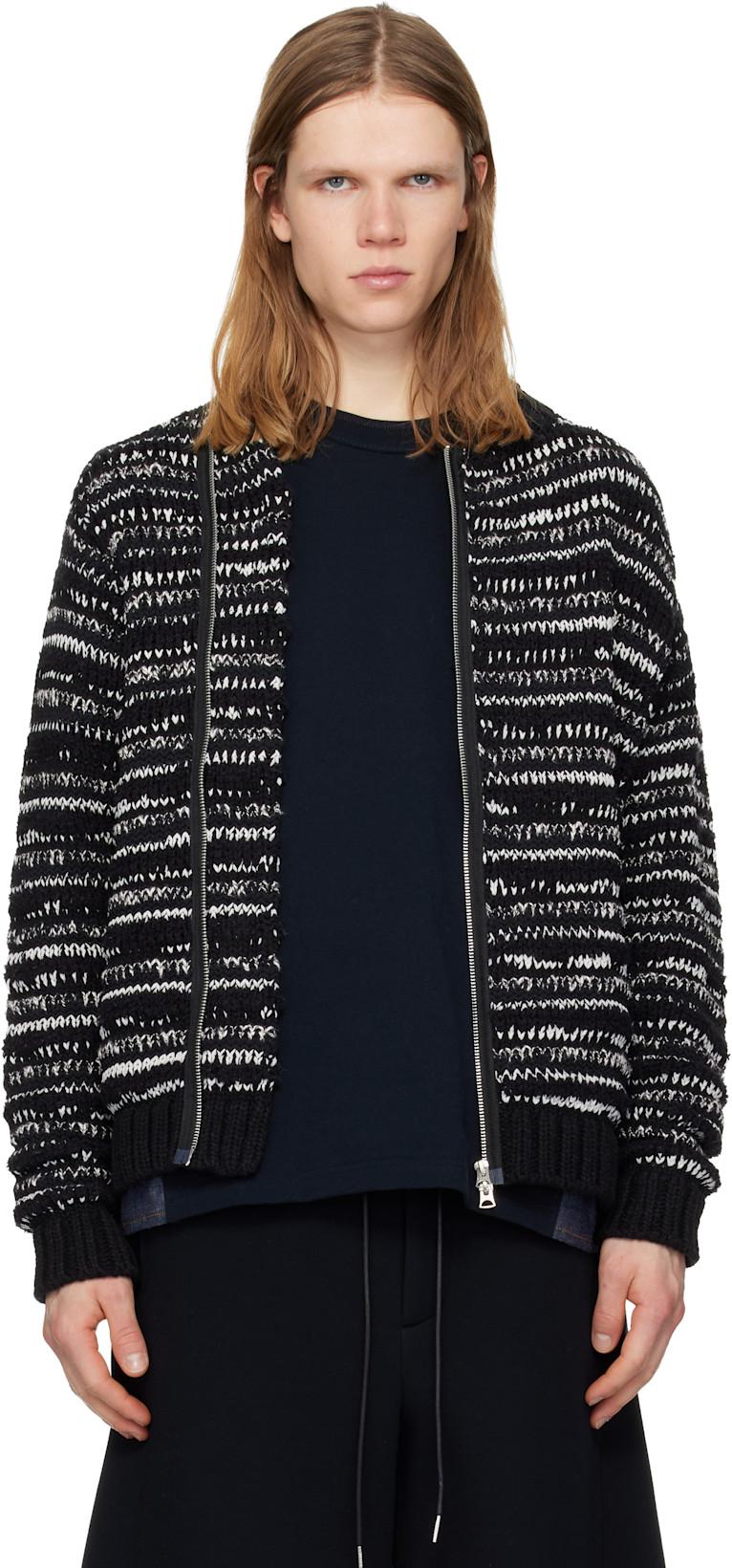 Black & White Mix Knit Blouson Cardigan by SACAI