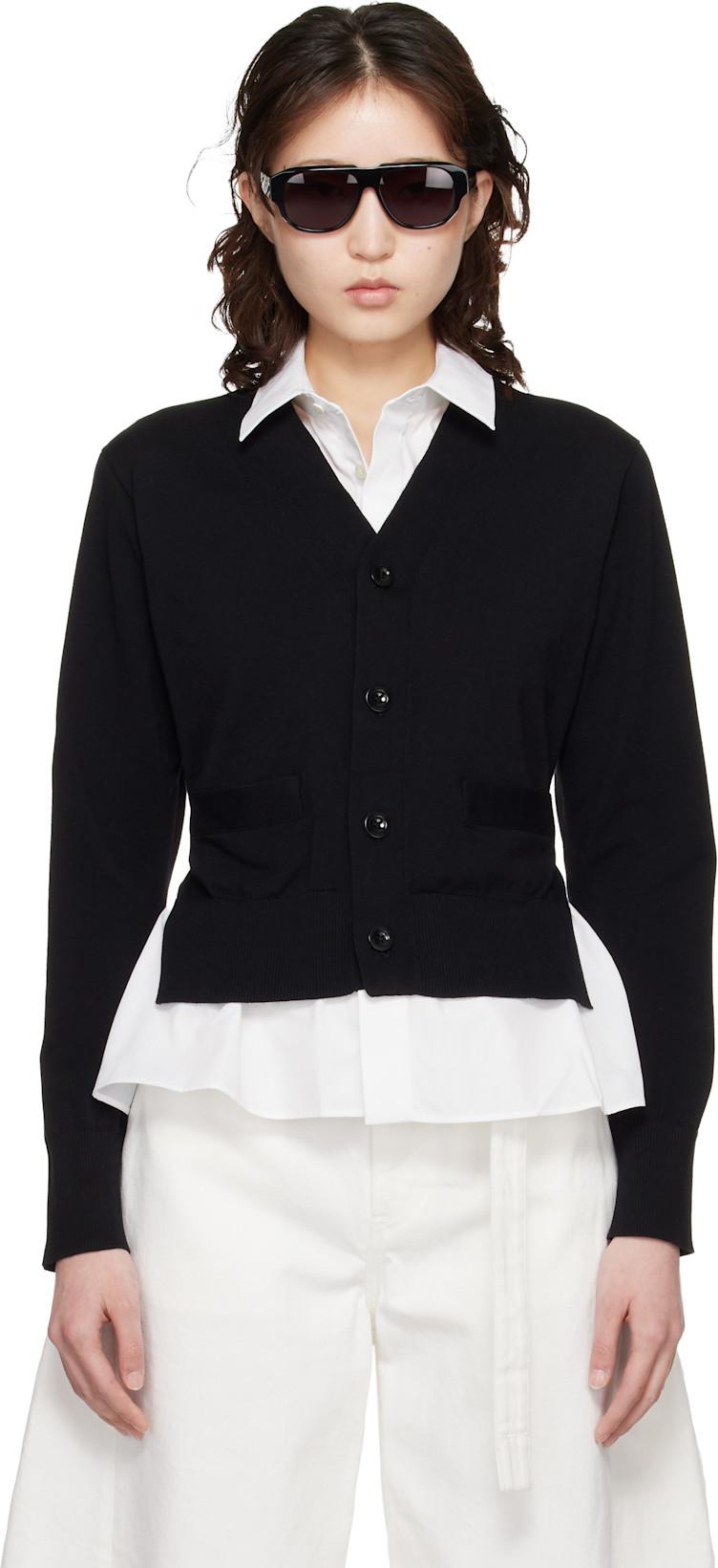 Black & White Poplin Cotton Knit Cardigan by SACAI