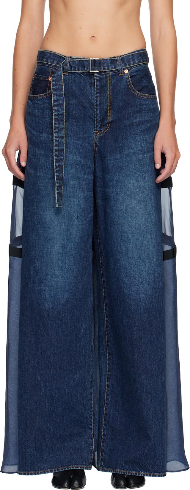 Blue Paneled Jeans by SACAI
