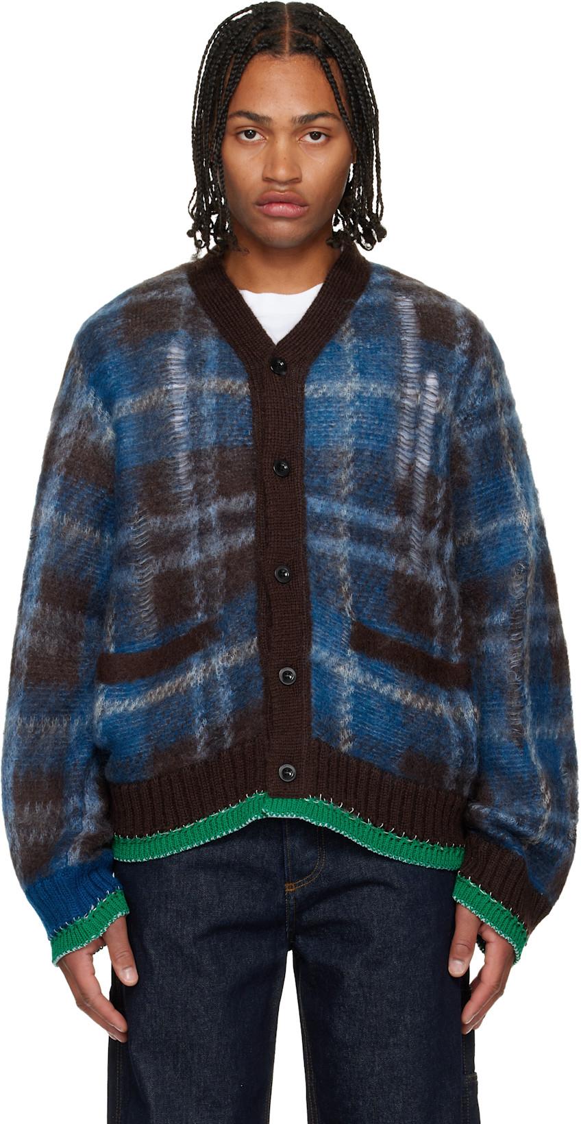 Blue & Brown Plaid Mohair Knit Cardigan by SACAI