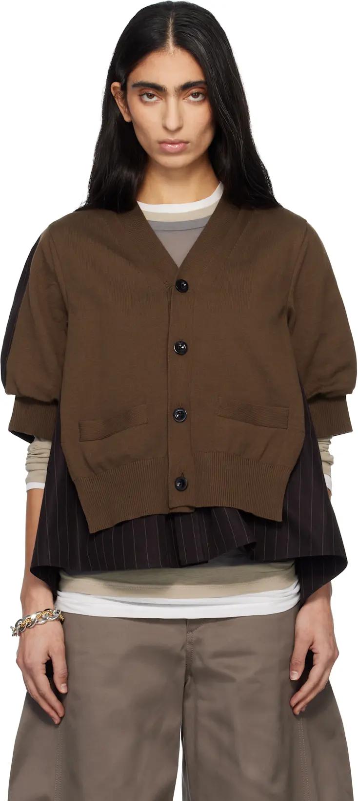 Brown Chalk Stripe & Cotton Knit Cardigan by SACAI