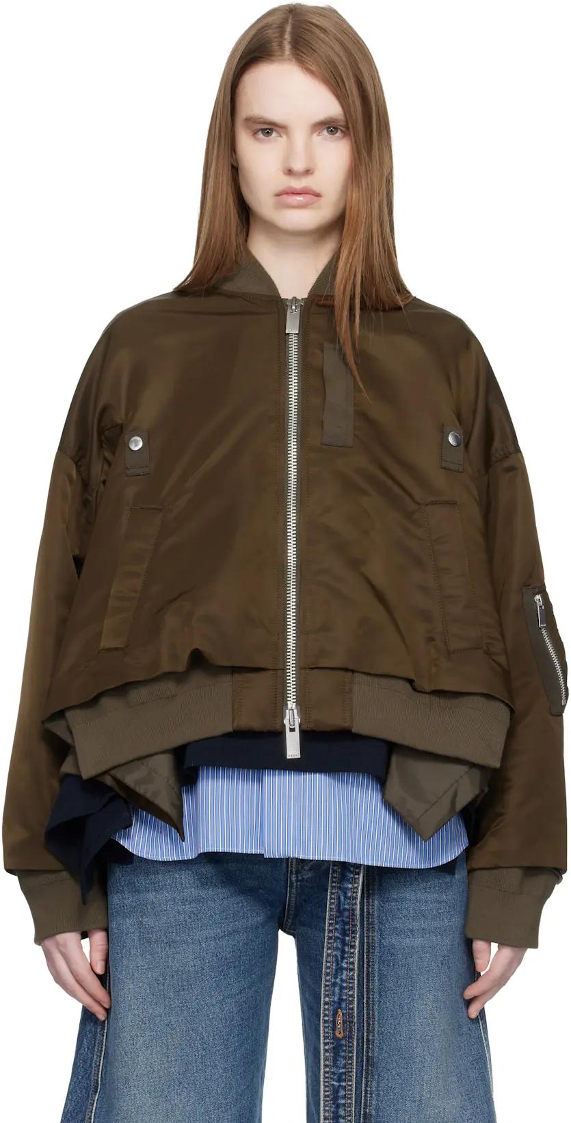 Brown Nylon Twill Bomber Jacket by SACAI