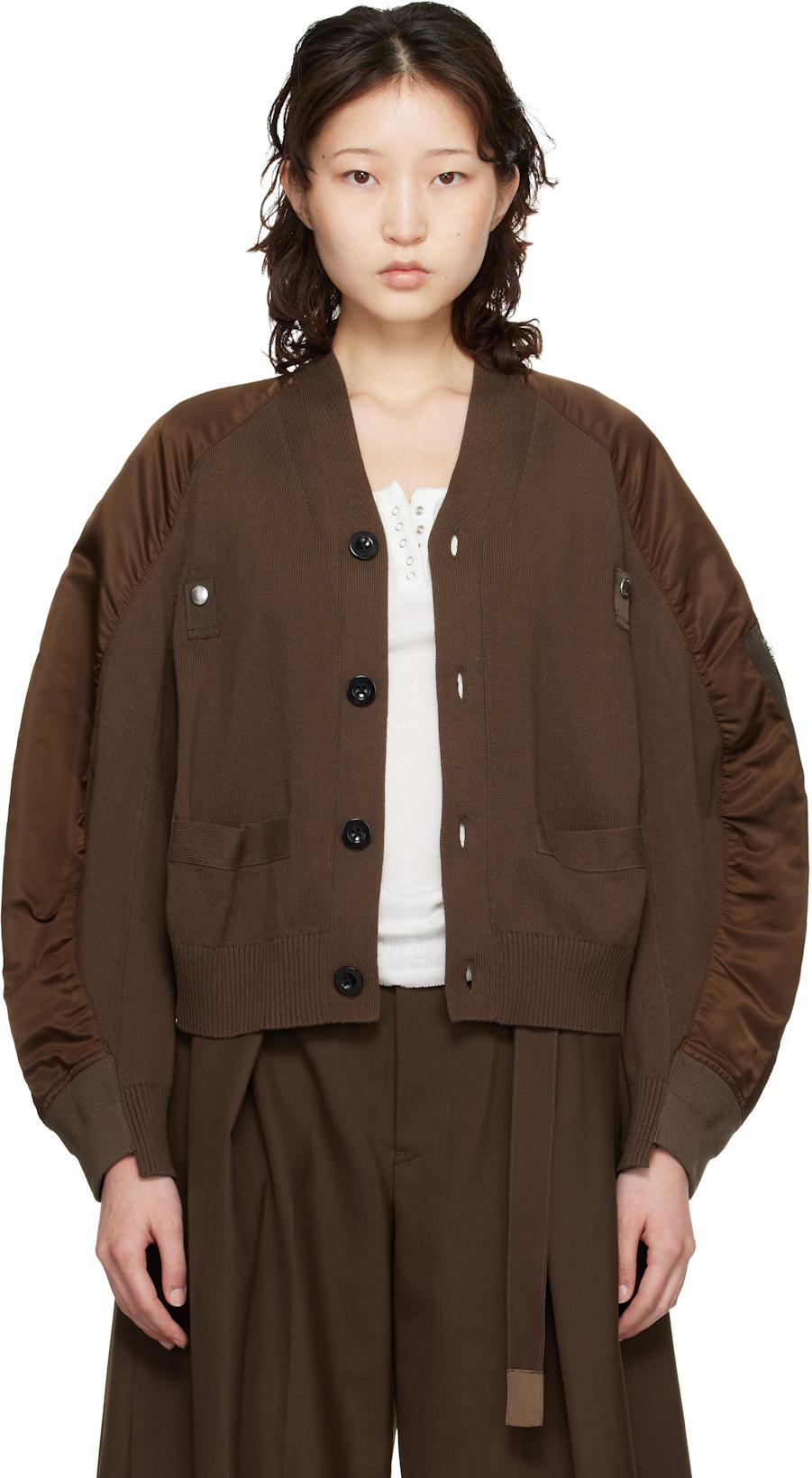 Brown Nylon Twill & Knit Cardigan by SACAI