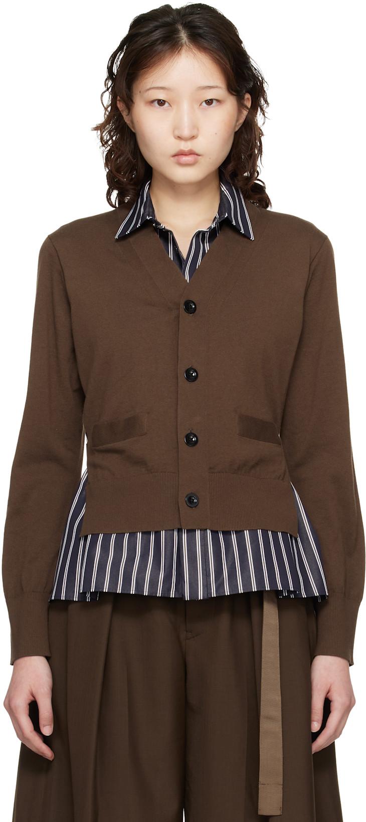Brown Poplin & Cotton Knit Cardigan by SACAI