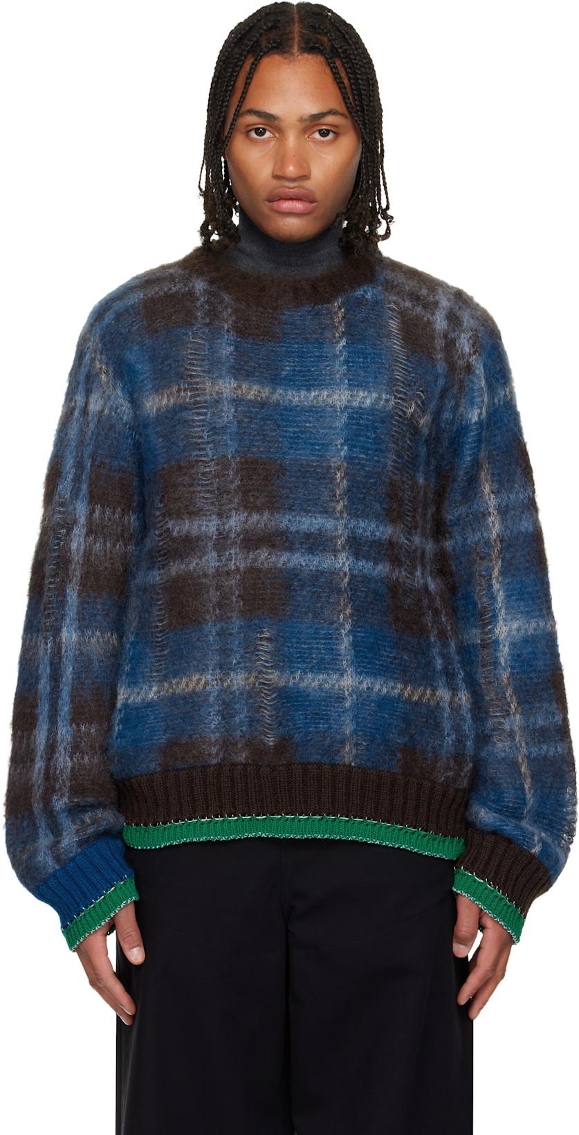Brown & Blue Plaid Mohair Sweater by SACAI