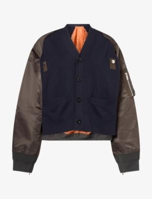 Contrasting-Panel V-Neck Woven Jacket by SACAI