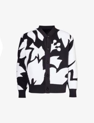 Floral-embellished V-neck woven-knit cardigan by SACAI