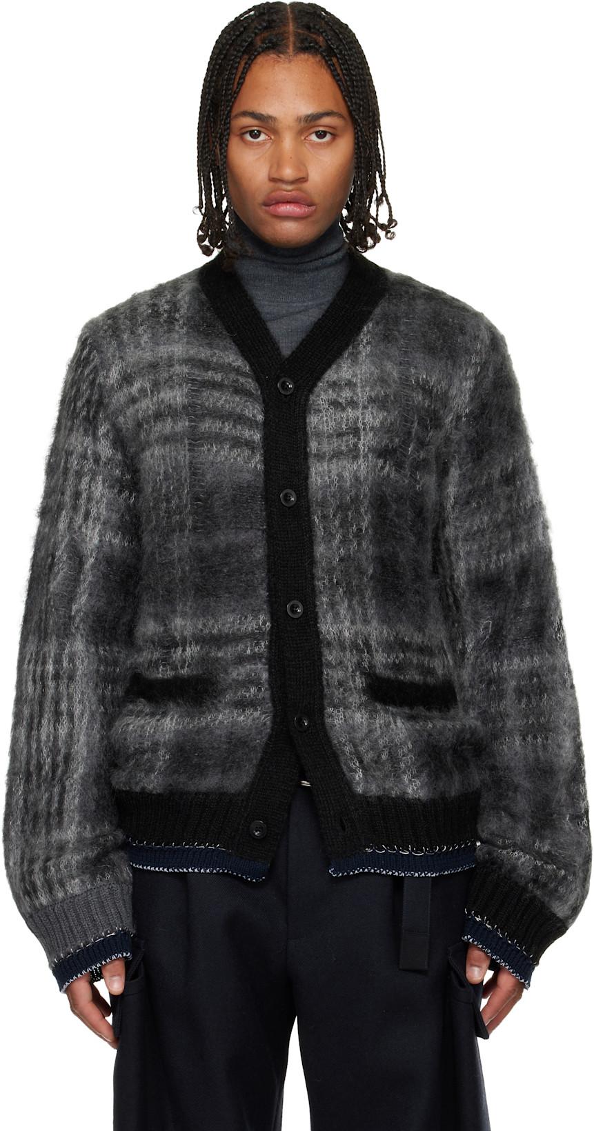 Gray Plaid Mohair Knit Cardigan by SACAI