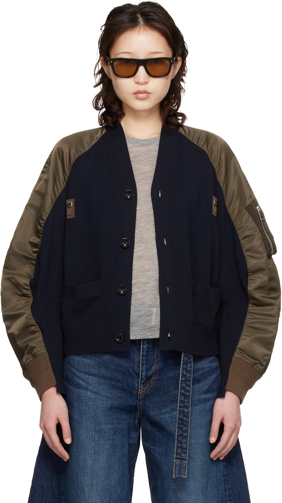 Green & Navy Nylon Twill Knit Cardigan by SACAI