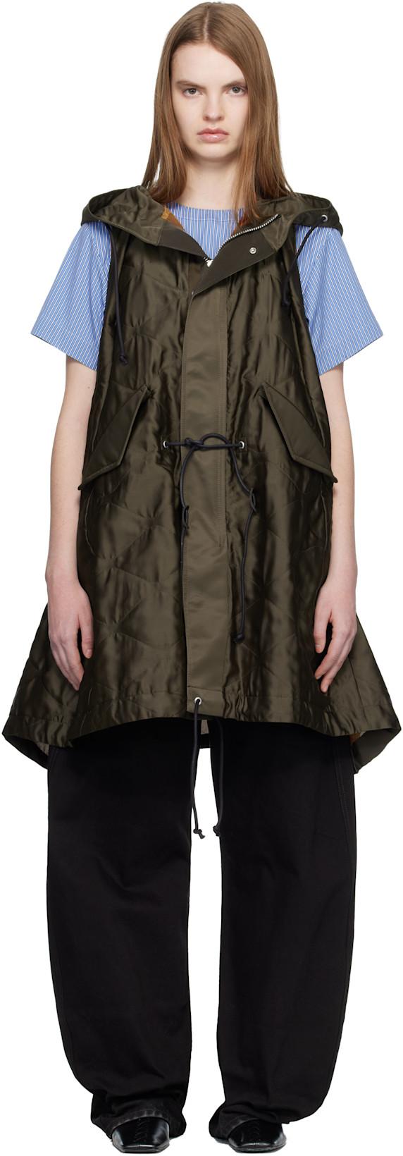 Khaki Quilted Satin Hooded Vest by SACAI