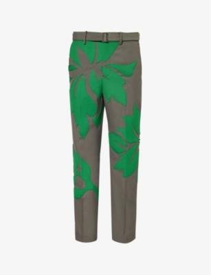 Leaf-embellished tapered-leg woven trousers by SACAI