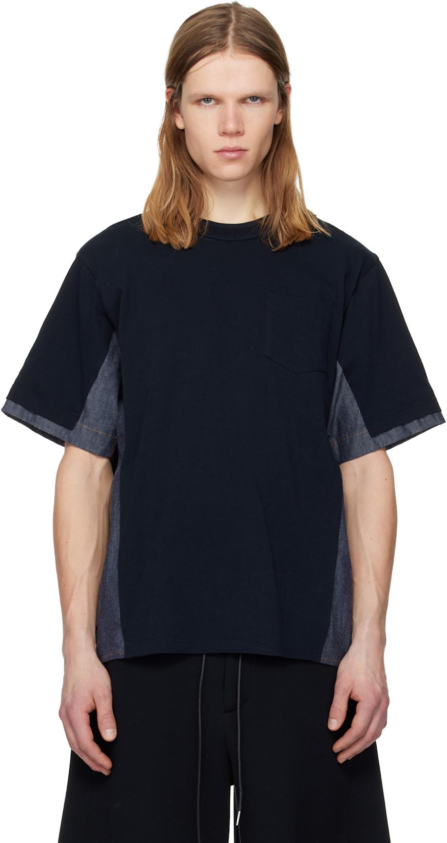 Navy Light Weight Denim & Cotton Jersey T-shirt by SACAI