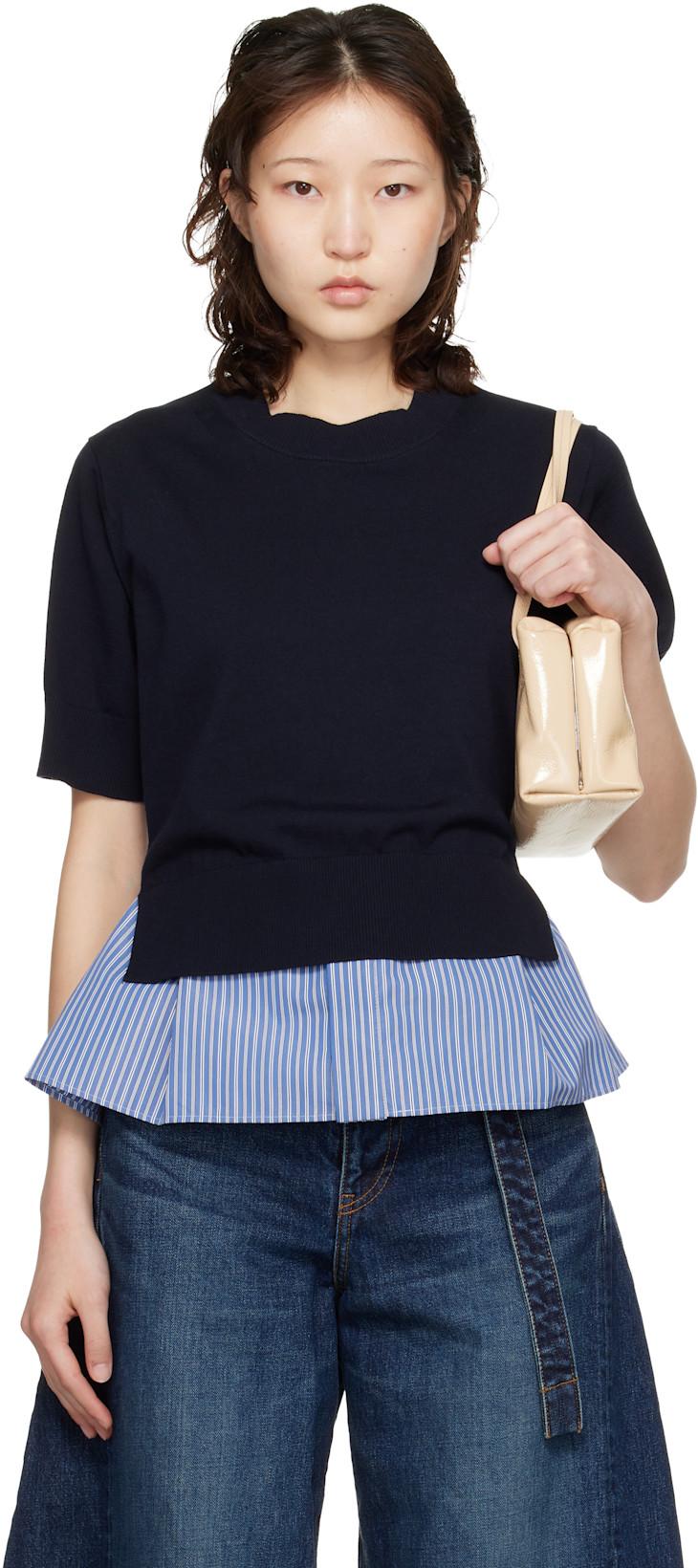 Navy & Blue Poplin Cotton Knit Sweater by SACAI