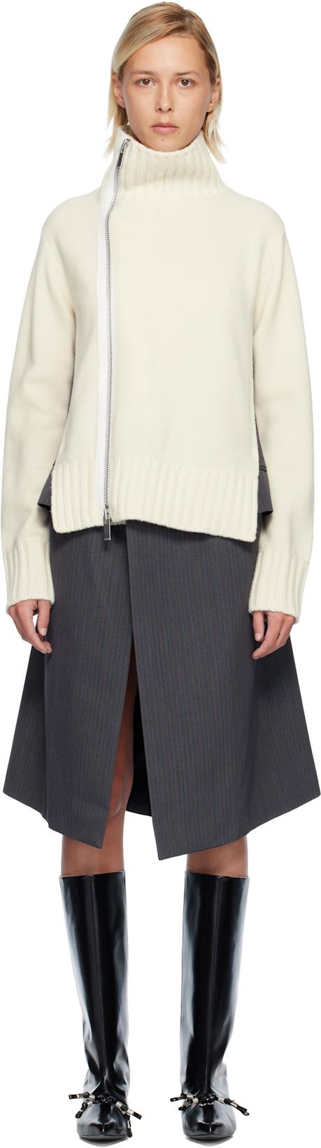 Off-White Stripe Doeskin & Wool Knit Midi Dress by SACAI