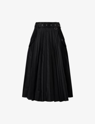 Pleated Belted Cotton-Blend Midi Skirt by SACAI