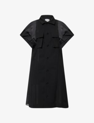 Pleated Contrast Satin and Wool Mini Dress by SACAI