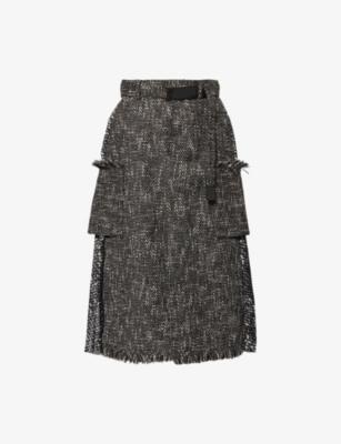 Pleated Graphic-Pattern Tweed Midi Skirt by SACAI