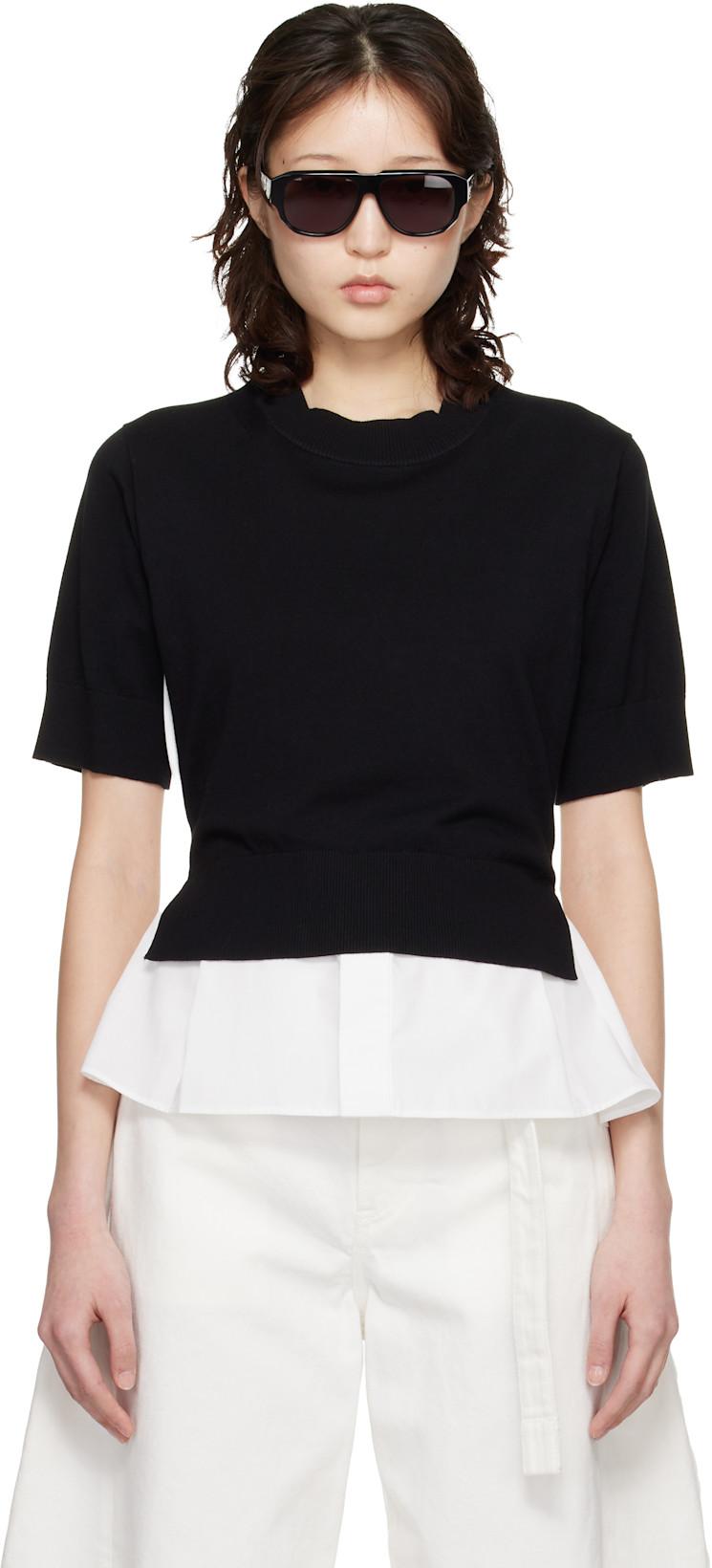 White & Black Poplin Cotton Knit Sweater by SACAI